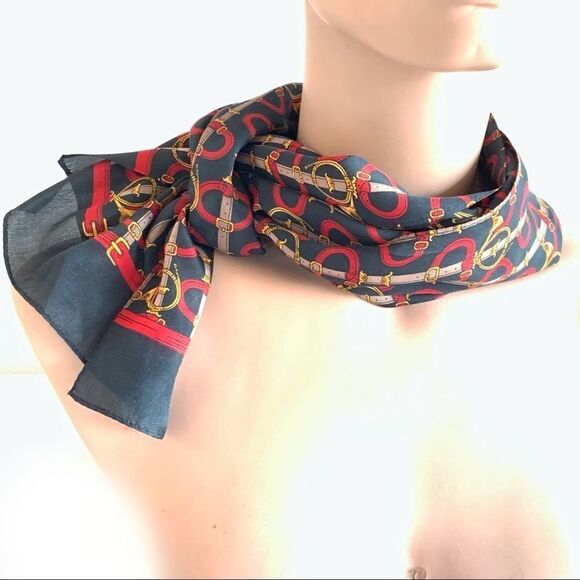 Echo black red gold horns and buckles silk scarf - Picture 6 of 7